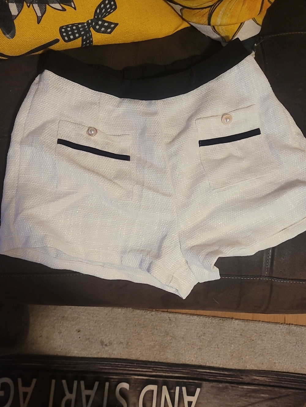 SHEIN White Textured High-Waist Shorts with Black Waistband